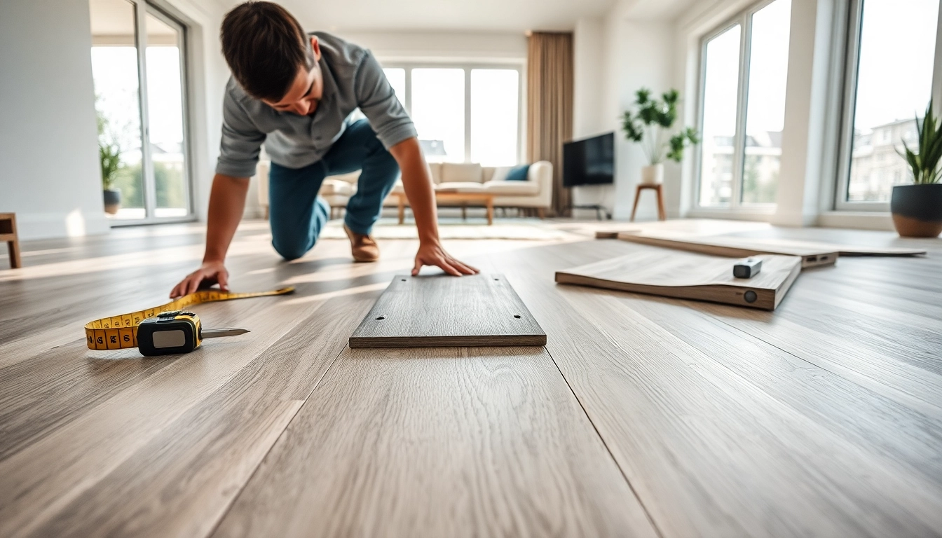 Laying vinyl flooring in a modern home, showcasing craftsmanship and precision.