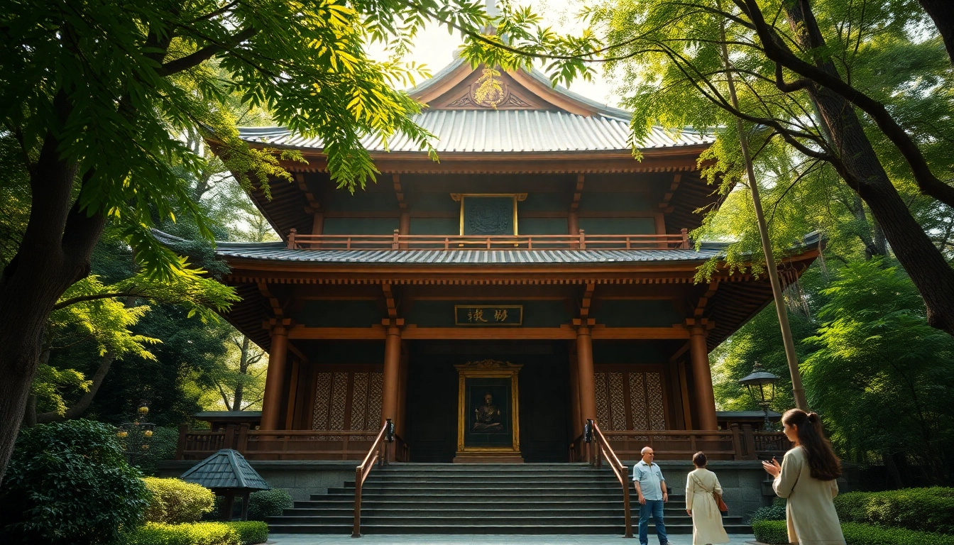 緑豊かな景観、精巧な木工、静かな礼拝者たちが描く即身仏の寺院—この聖なる場所の静けさを示す画像。