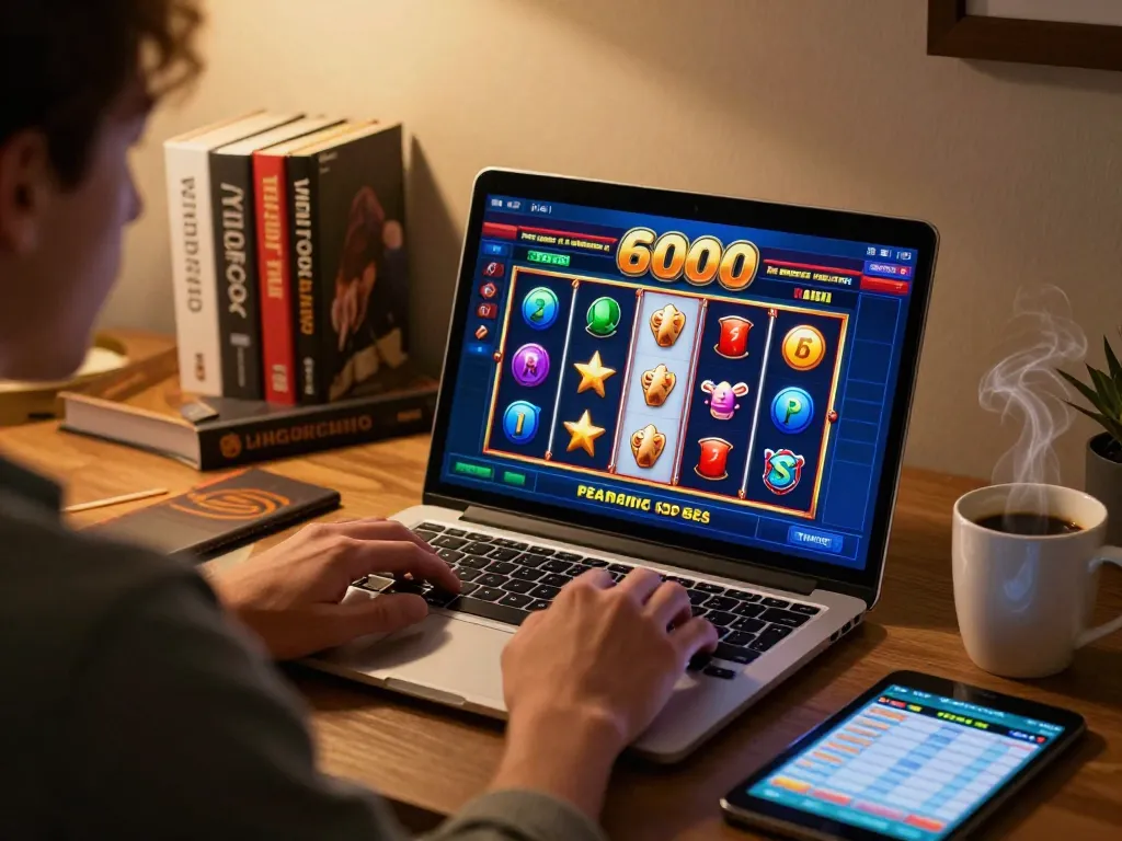 Player engaging with slot6000 interface on a laptop in a cozy home office setting.