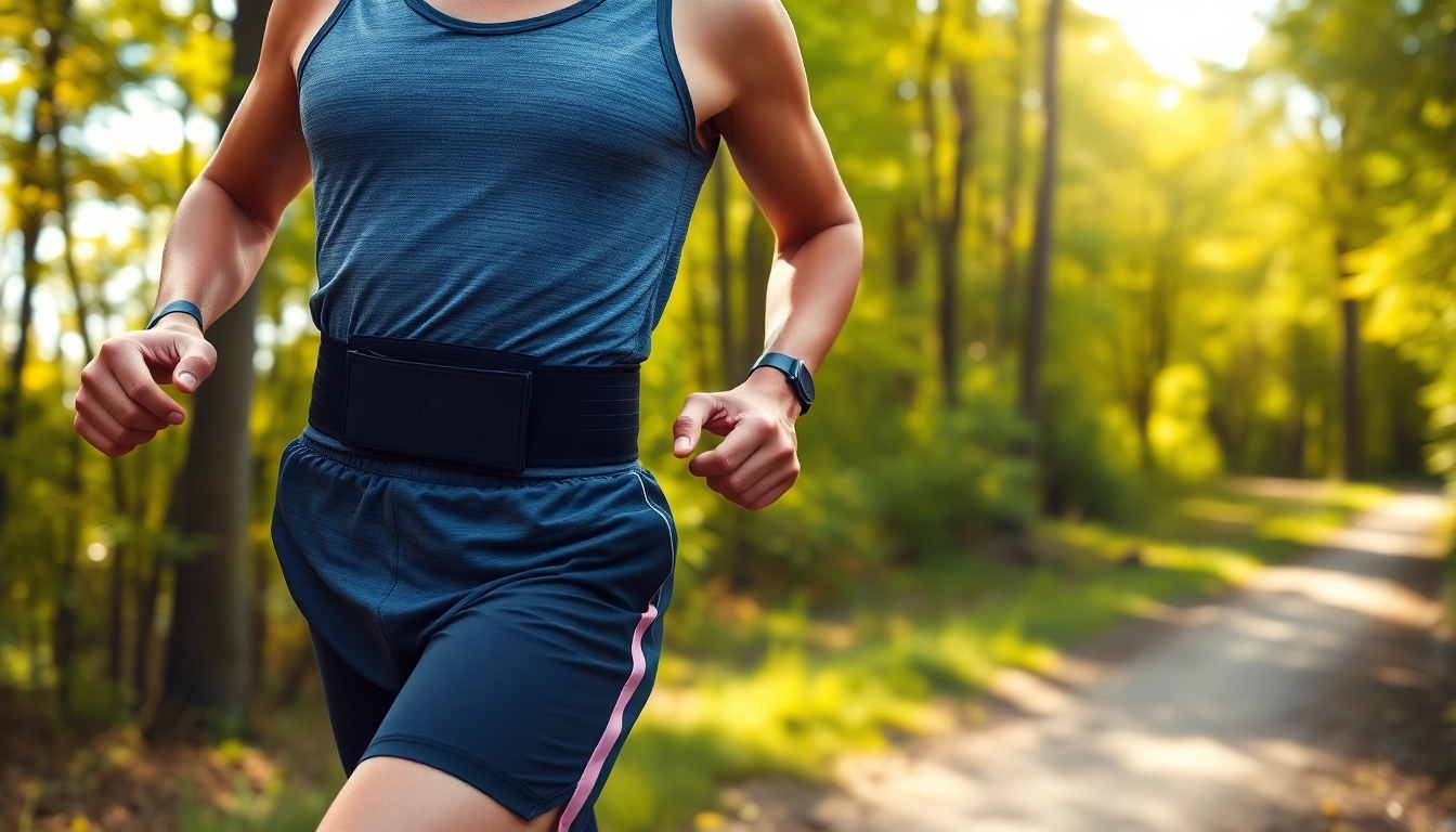 Runner wearing a no bounce running belt while jogging on a trail, demonstrating comfort and stability.