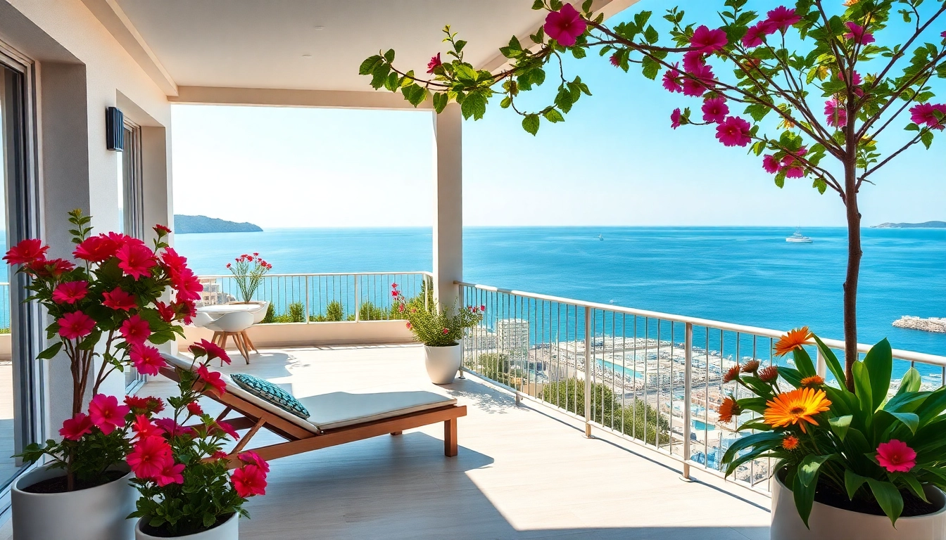 View of alanya apartments for sale with Mediterranean backdrop and vibrant balcony flowers.