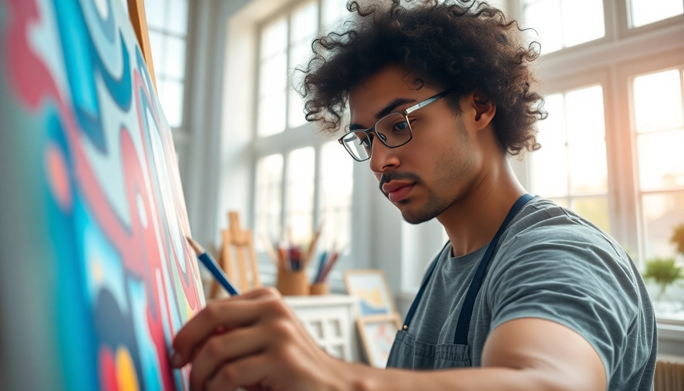 Canvas kunstwerk in een creatieve studio met een geconcentreerde kunstenaar.