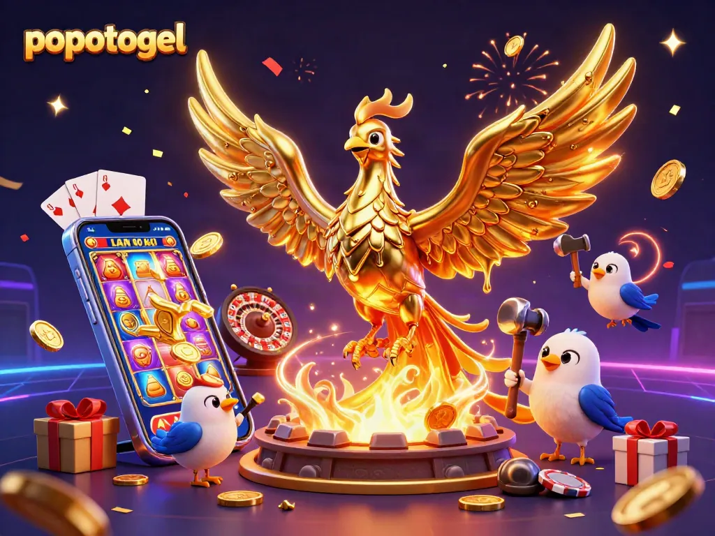 Popotogel menampilkan phoenix emas dengan koin berjatuhan, menggambarkan keberuntungan permainan togel online.