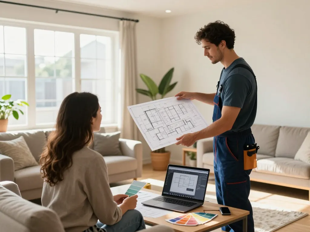 Home renovation consultation with couple and contractor discussing design plans in bright living room.