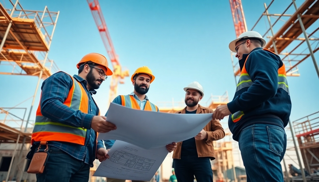 Engaged professionals discussing project plans for Careers in construction on a busy job site.