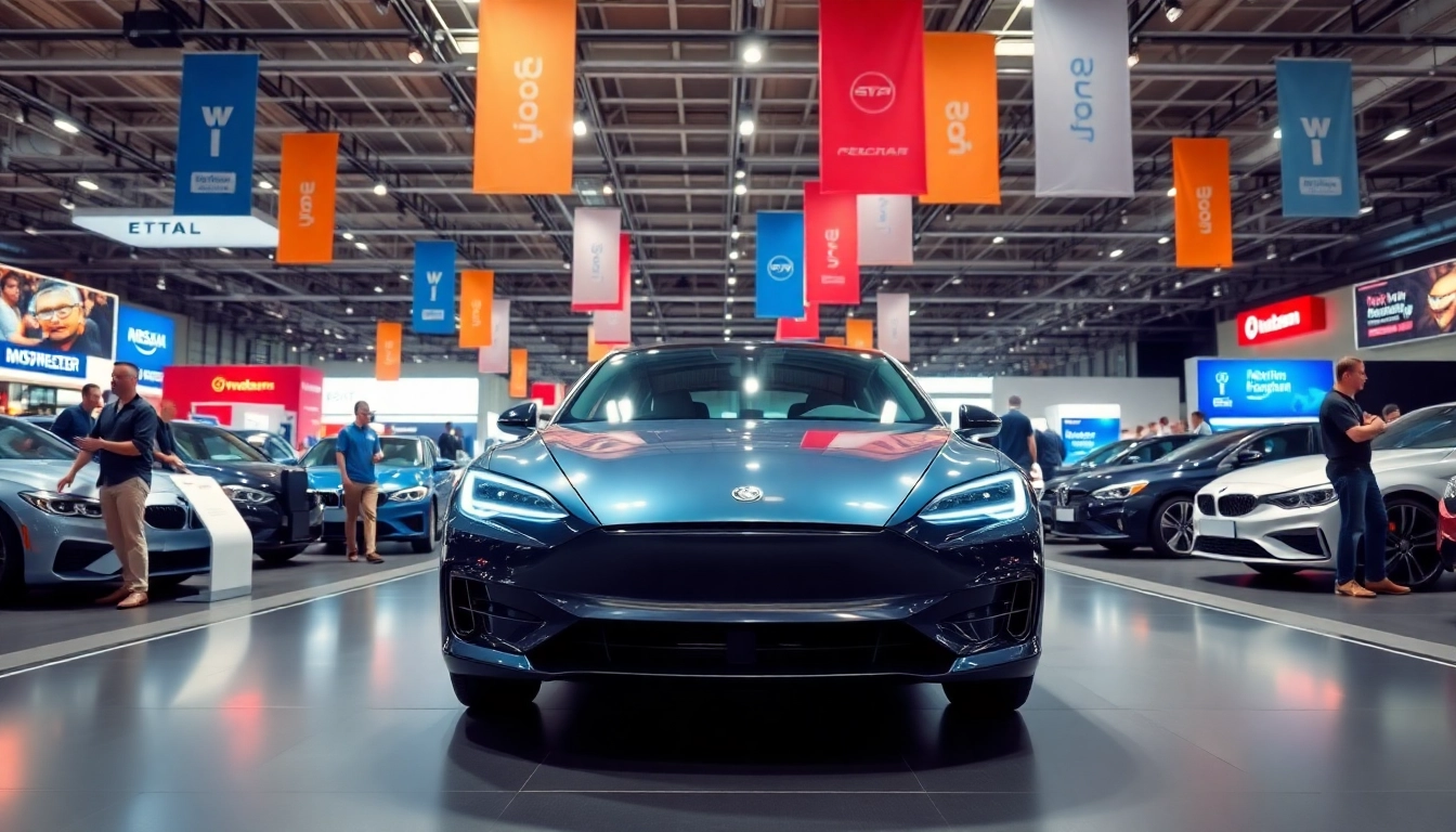 Engaged audience at the Auto Cars Show admiring modern vehicles on display.