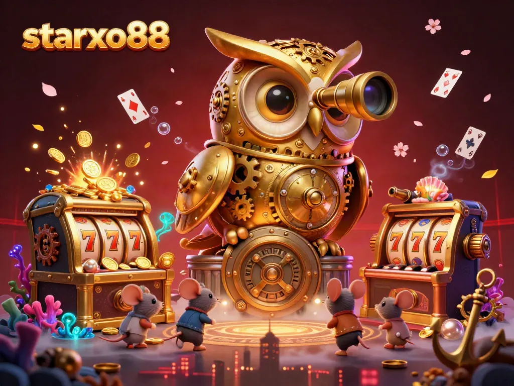 Experience thrilling gameplay with starxo88 featuring a golden owl overlooking a bustling casino scene.