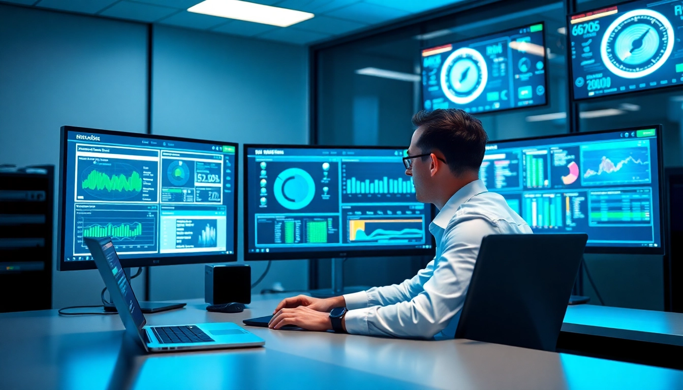 Visual of a technician engaging in Remote Monitoring and Management (RMM) in a high-tech office.