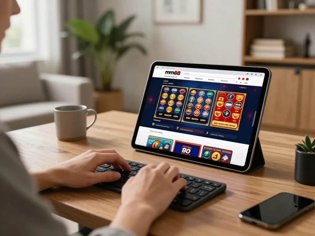 Player engaging with the mm88 đăng nhập screen while enjoying online gambling at home, showcasing a modern and inviting atmosphere