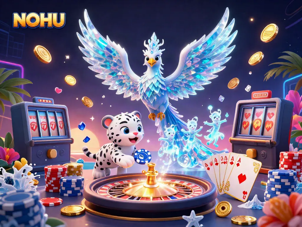 Experience the thrilling world of NOHU, featuring a vibrant ice phoenix, glowing sprites, and dynamic casino elements.