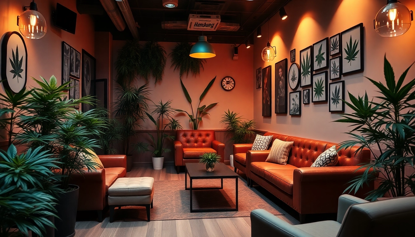 Erleben Sie die Atmosphäre einer cannabis club hamburg mit stilvollen Sitzgelegenheiten und Pflanzen.