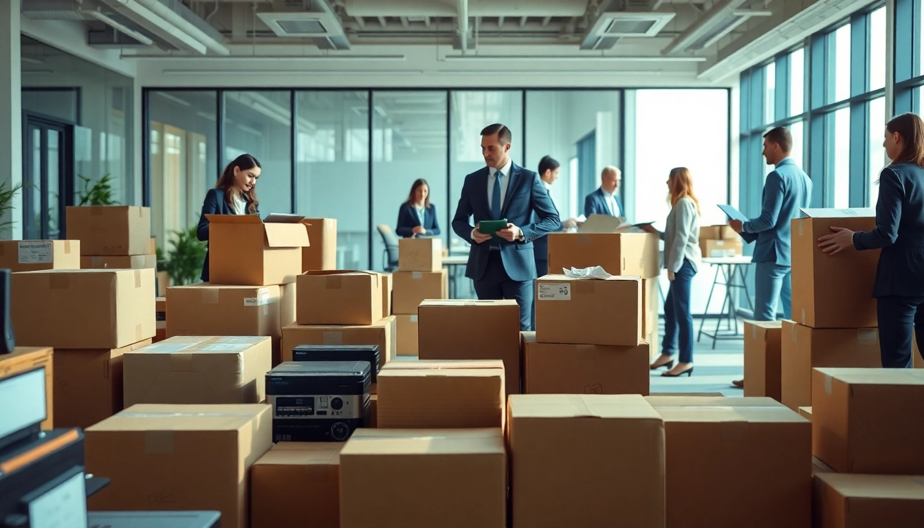 Facilitating corporate relocation with professionals packaging office items efficiently.