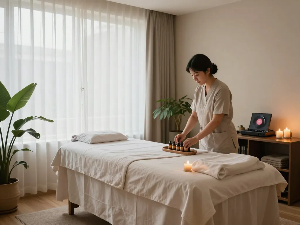 Relaxation and tranquility in a 치평동마사지 spa with soothing ambient lighting and aromatherapy.