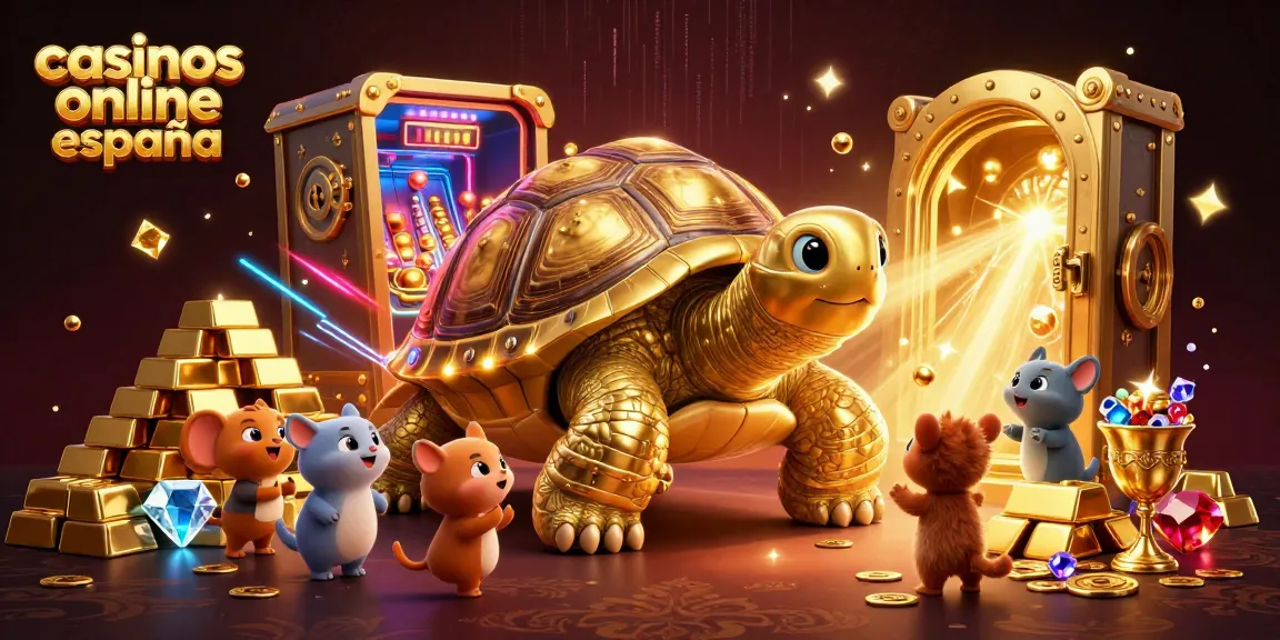 Disfruta de casinos online España con esta ilustración vibrante que presenta una tortuga de oro enorme como máquina de pinball.