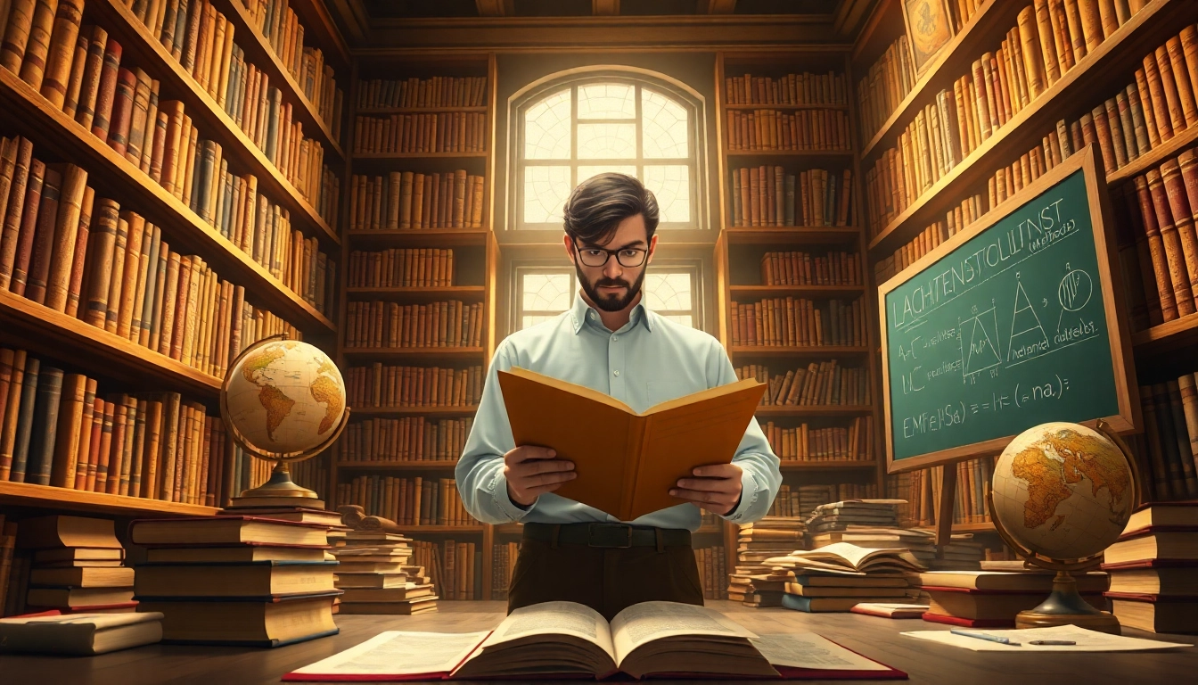 Explore algorithm etymology through a scholarly figure examining ancient texts in a library.