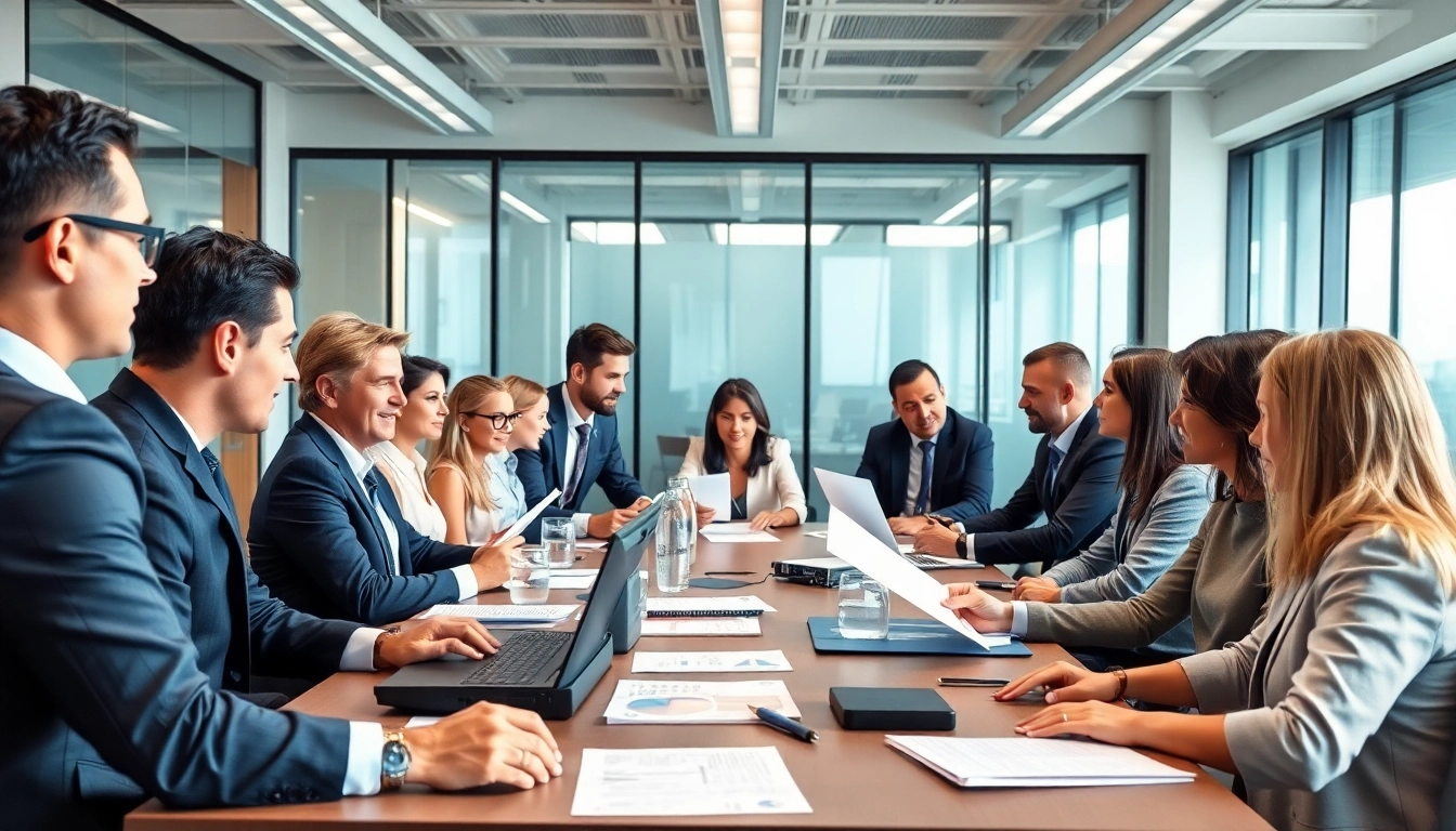 Engaging professionals discussing Federal and State contracts in a modern office setting.