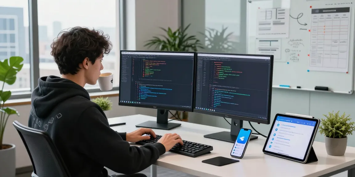 Workspace showcasing a developer using 纸飞机中文版官网 features on dual monitors, emphasizing productivity in a tech environment.
