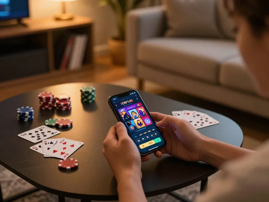 Engaging gameplay on OKFUN mobile app with poker chips and cozy setup.