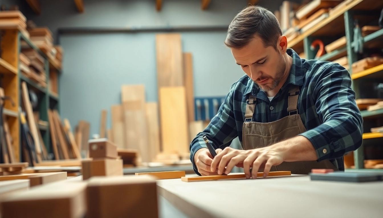 Visualize a carpentry apprenticeship with a carpenter skillfully crafting wood projects in a bright workshop.