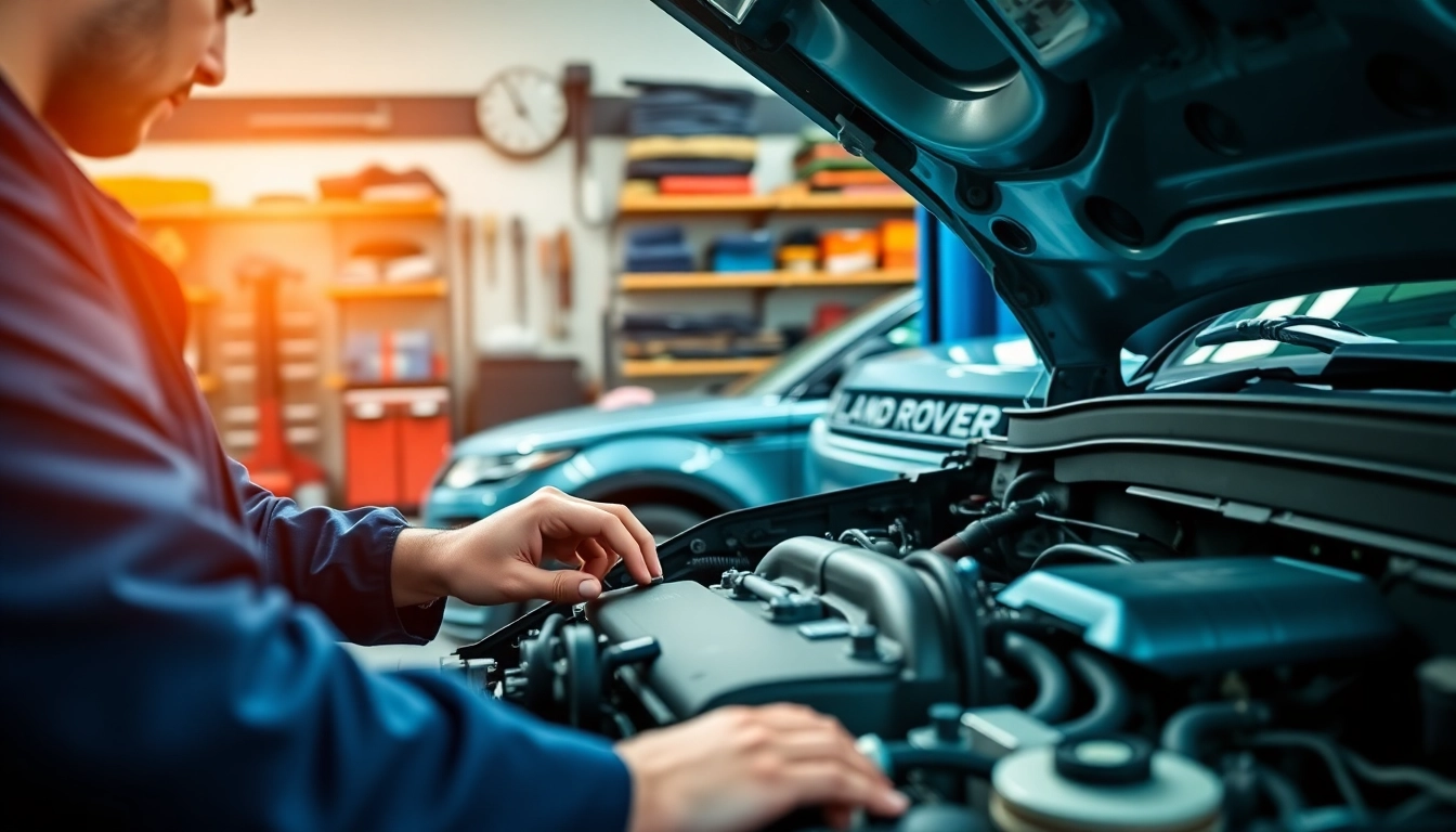 Mechanic providing professional Land Rover Service in a modern garage setting.