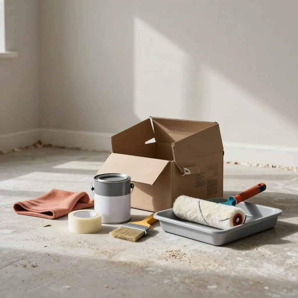 Opened room paint kit with tools beside a masked wall in a bright renovation room.