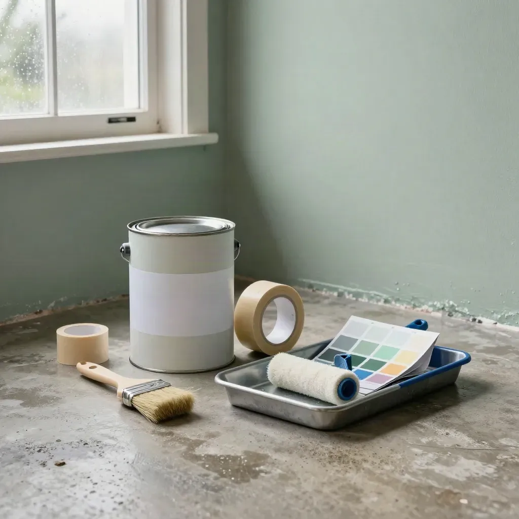 Painter’s Start Kit with paint tin, primer, tape, brush, tray and colour chart on a sage plaster bench.