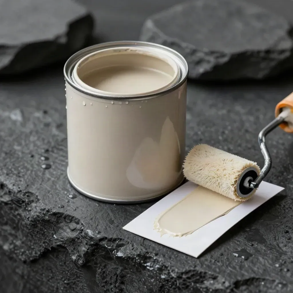 Matte wall paint tin, roller sleeve, and swatch card on wet charcoal stone
