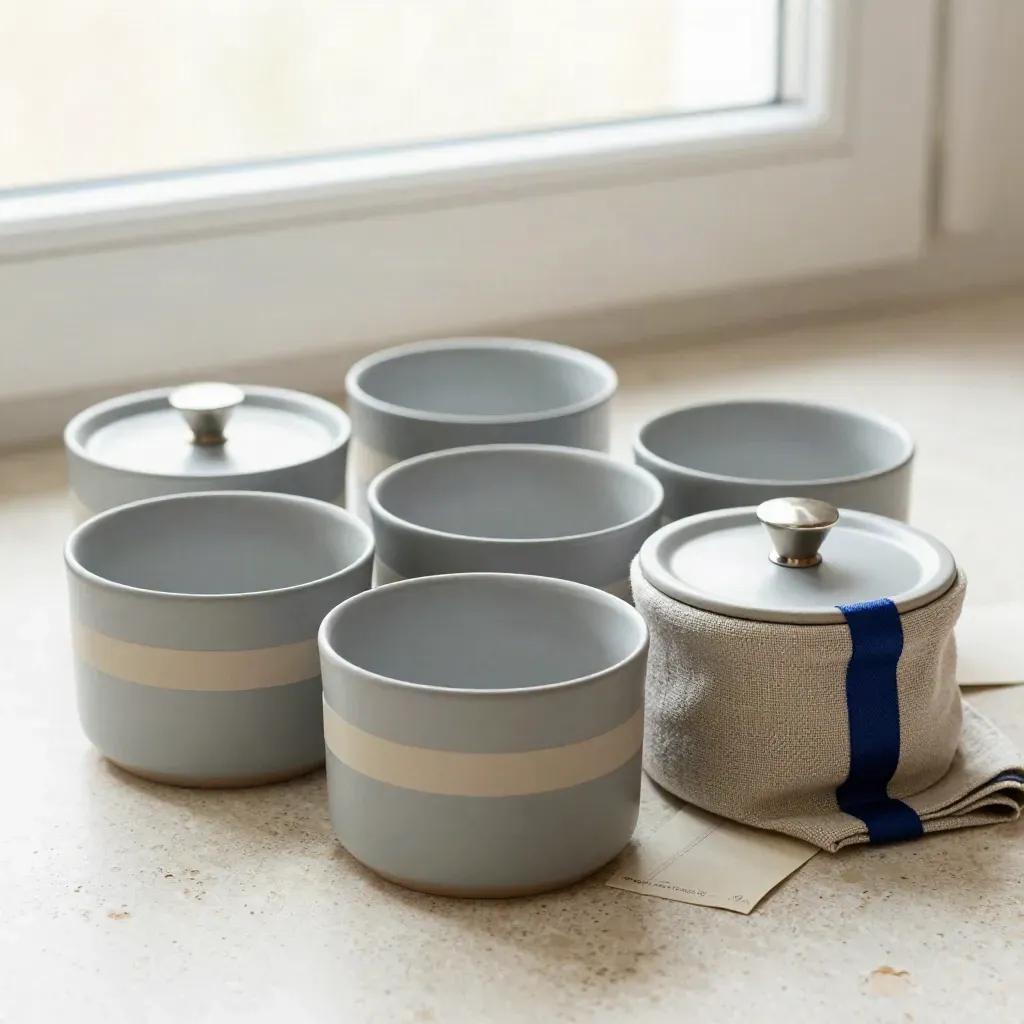 Six sample pots with swatch strip on travertine, wrapped in linen with a cobalt accent.
