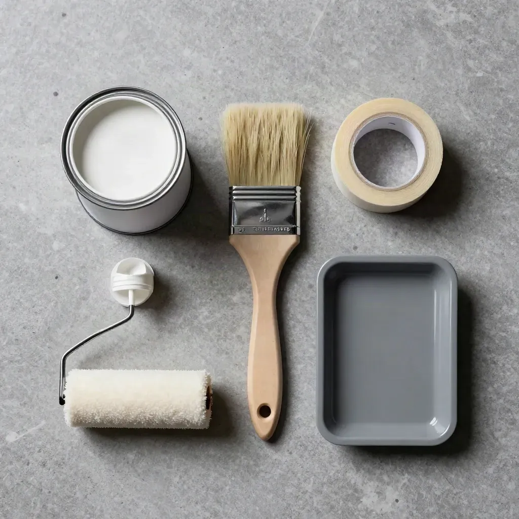 Overhead paint kit flatlay with tin, primer pot, brush, roller, tray and tape on limestone.
