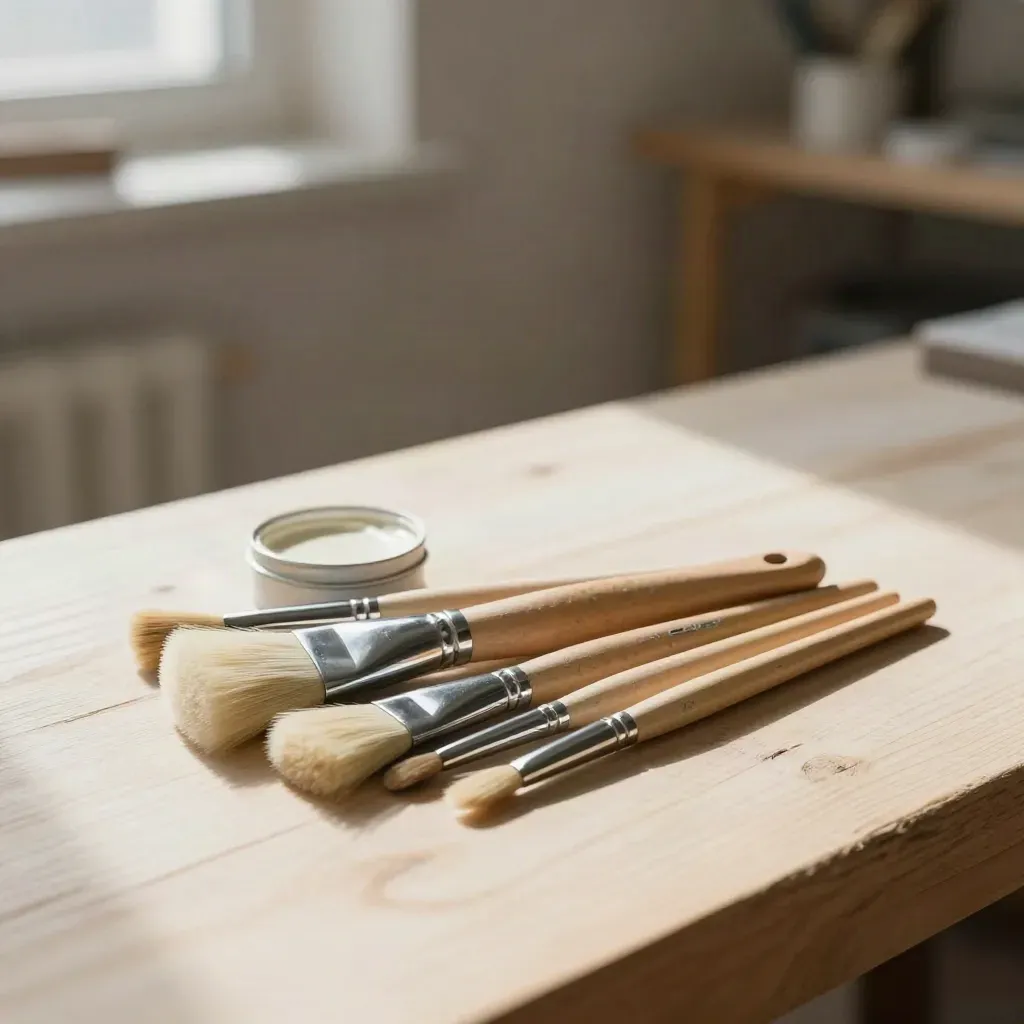 Brush set and small paint tin on a pale wood bench in soft workshop light.