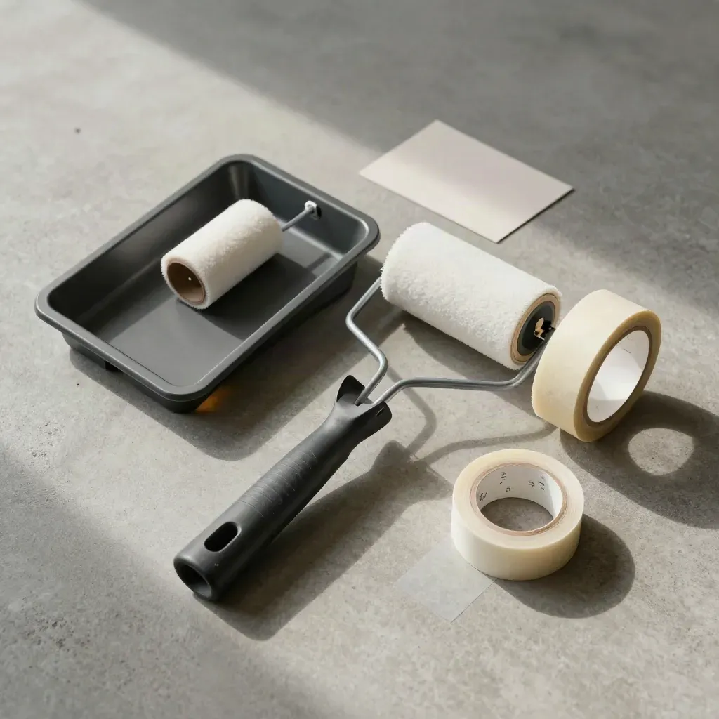 Overhead roller kit, tray and masking tape on concrete with soft shadows.