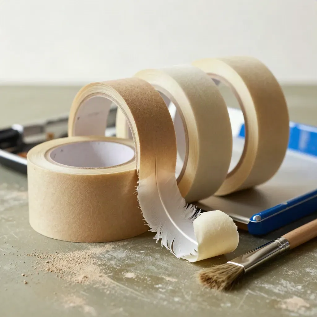 Macro of masking tape rolls with a lifted curl beside a paint tray corner and brush ferrule.