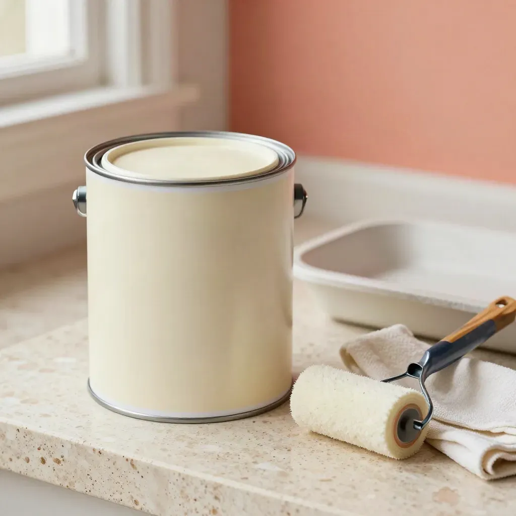 Left-anchored paint tin, roller sleeve and masking tape ring on travertine in soft studio light.