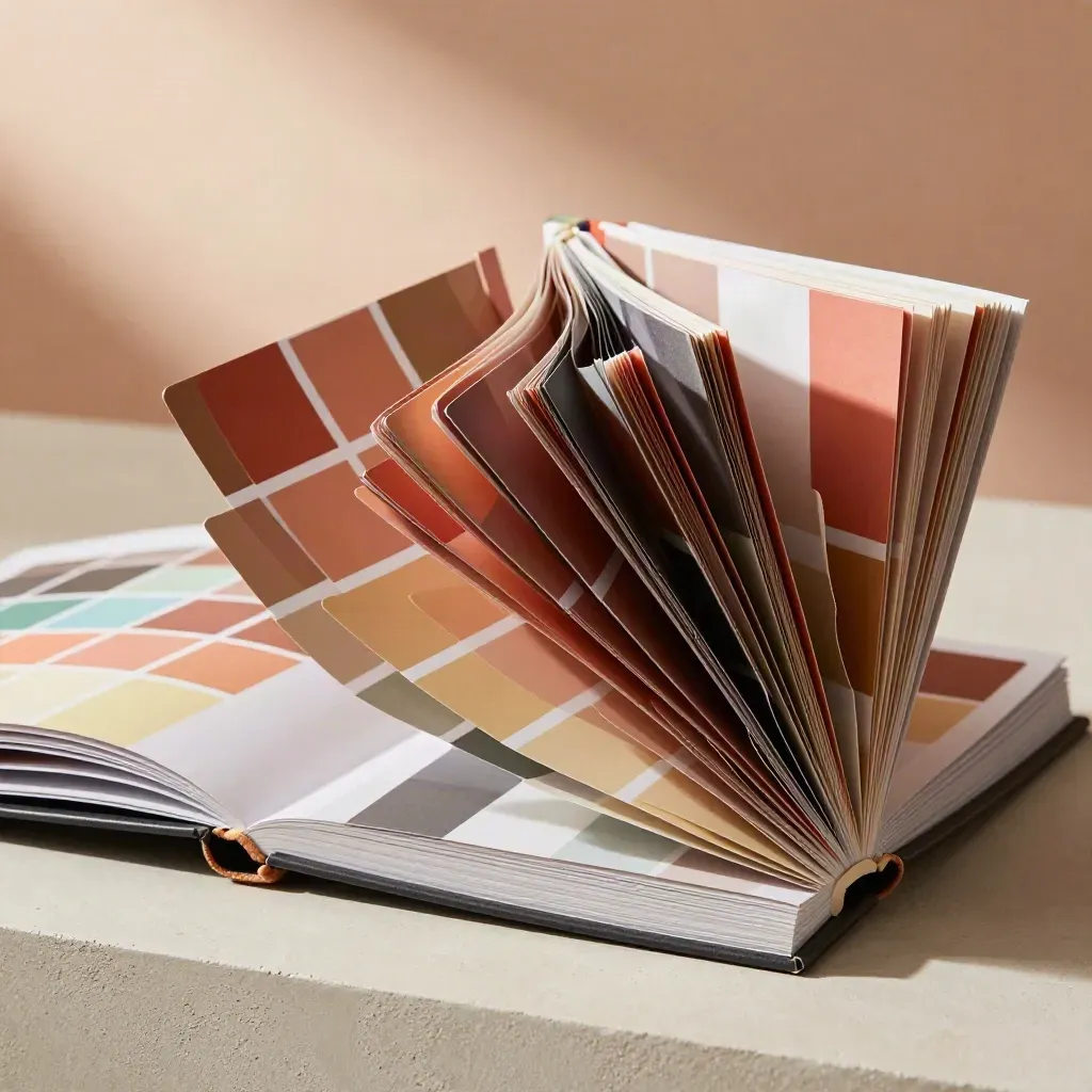 Open color chart book fanned with swatches on a plaster plinth, softly lit in studio.