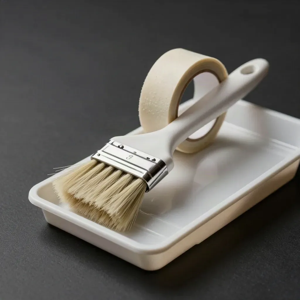 Unbranded trim brush, tape, and tray on a dark studio surface with cool rim light.