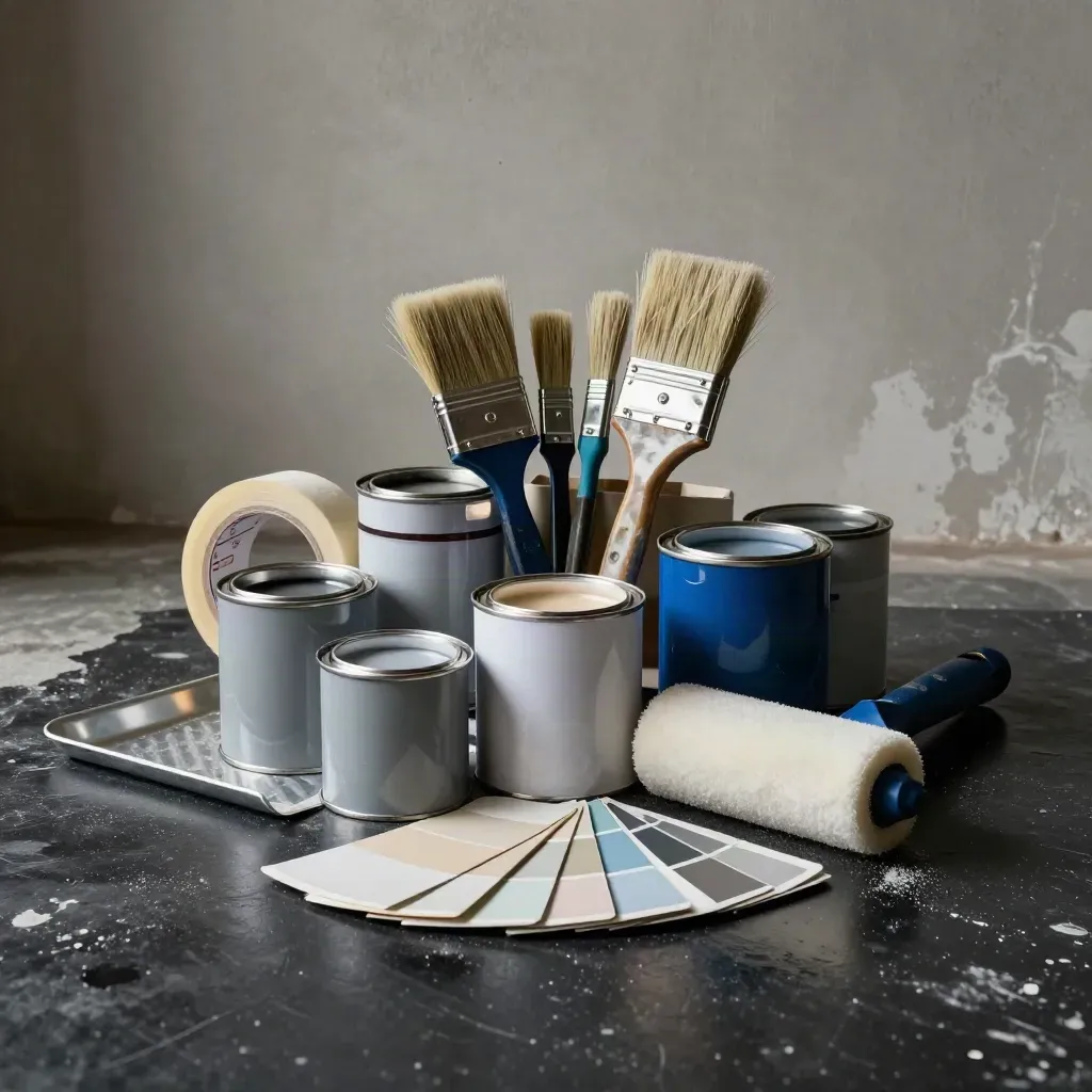 Paint tins and tools arranged on a dark studio surface with cool rim light.