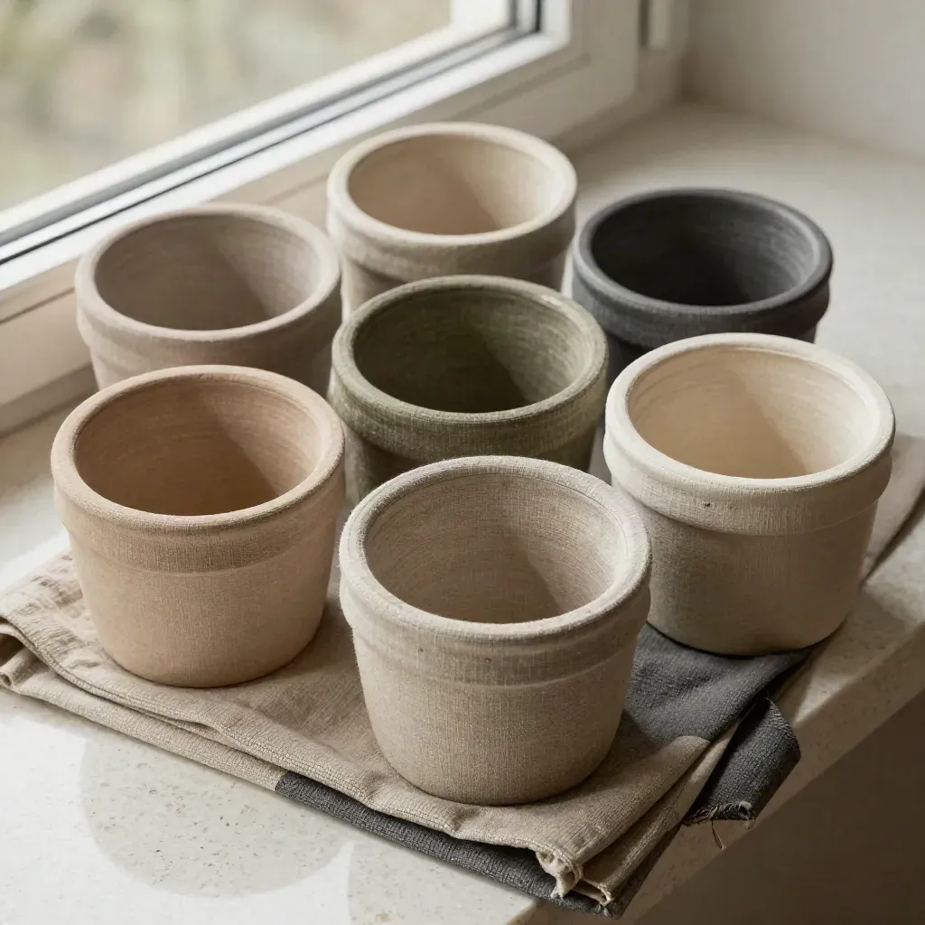 Six linen-toned sample pots nestled in folded linen on a sunlit travertine ledge.