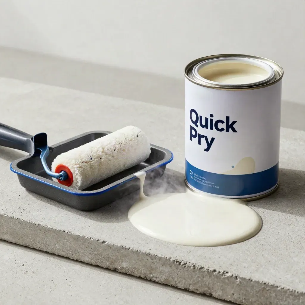 Primer tin with damp roller sleeve and tray on concrete, viewed low and close.