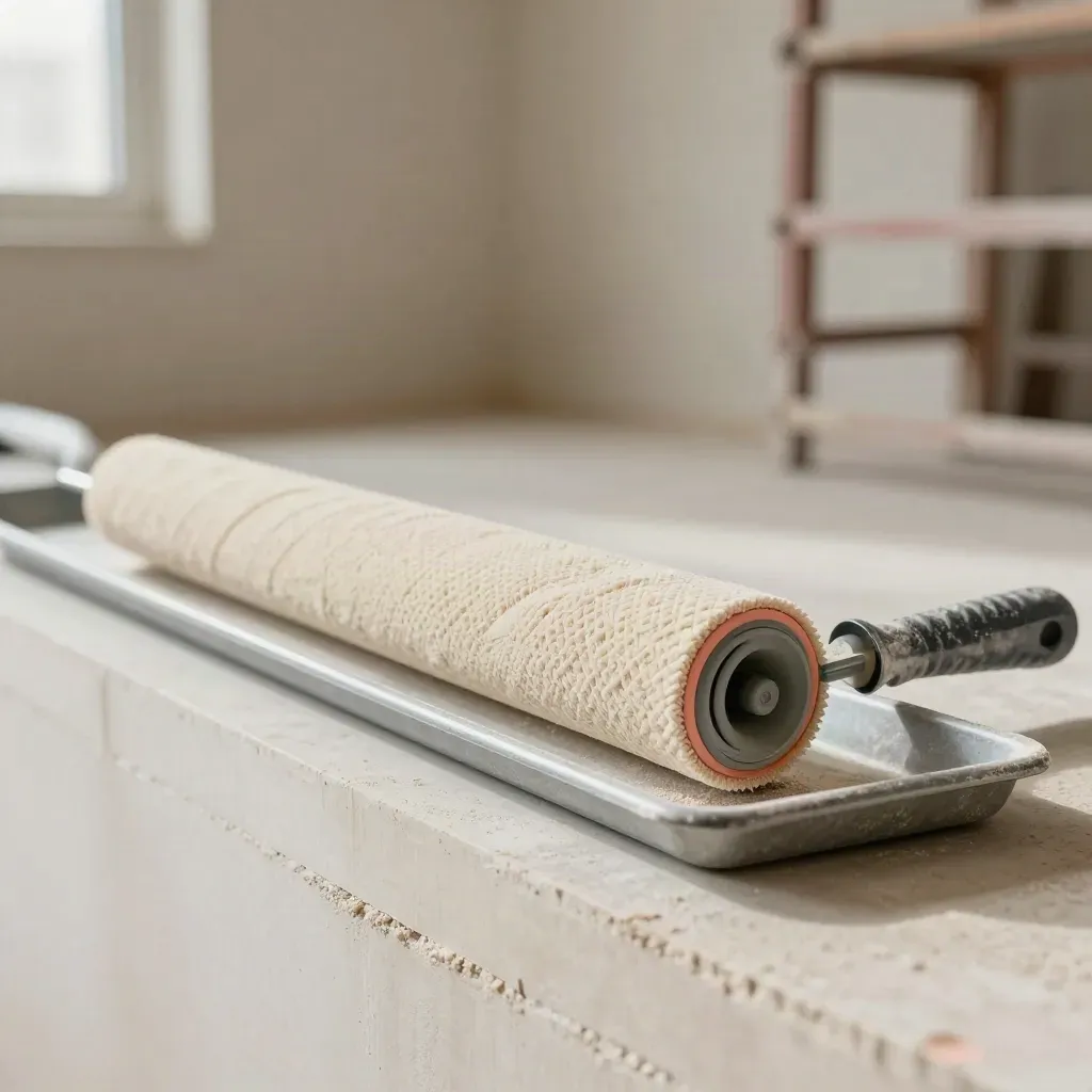 Ceiling roller pack with long roller frame and tray in a dusty plaster room, low upward angle.