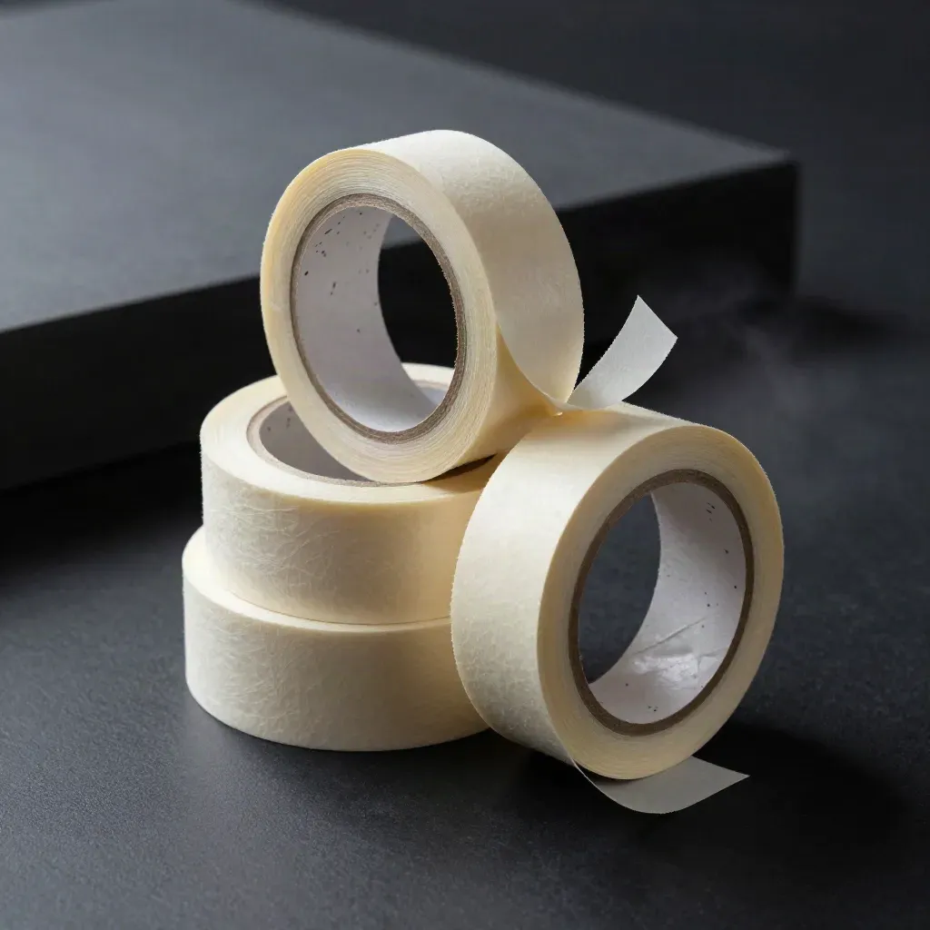 Top-down dramatic still life of stacked painter’s tape rolls with one peeled curl on matte black.