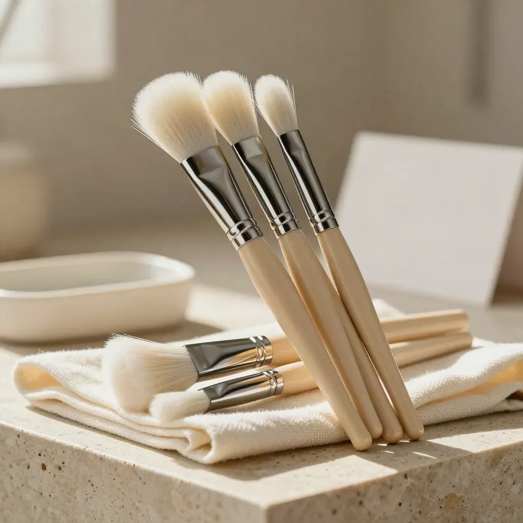 Three decorator brushes fanned on a limestone plinth with a folded cloth