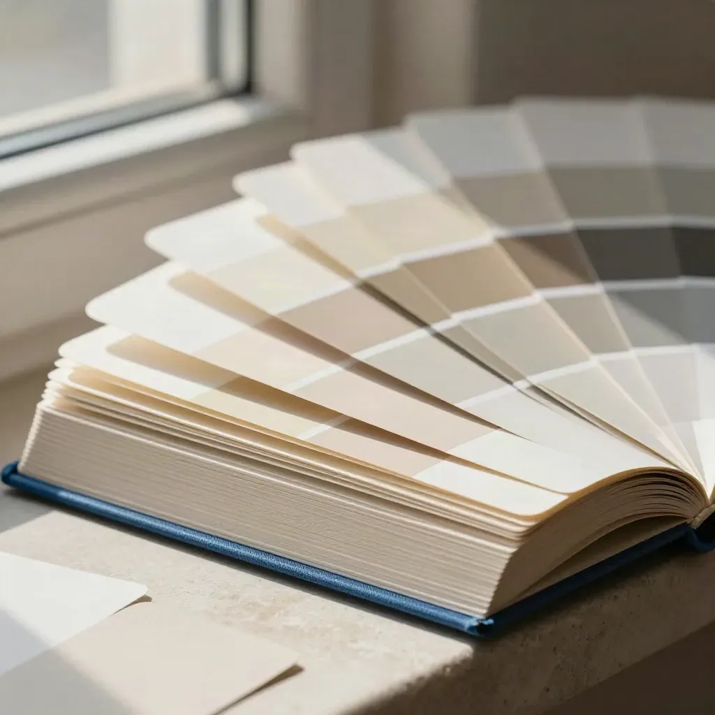 Open color chart book fanning out on stone with soft daylight and cobalt accents.