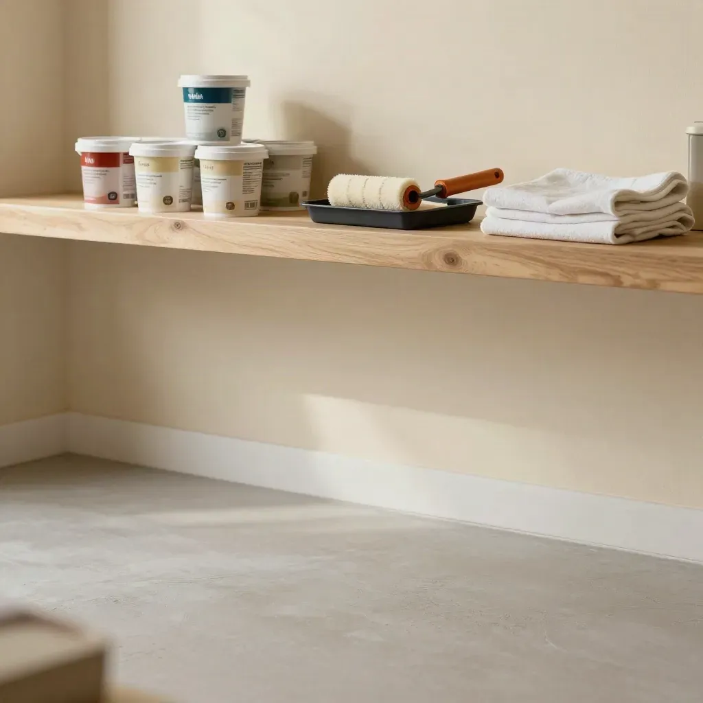 Warm plaster nook with oak shelf, paint kits, and a calm greige floor for copy.