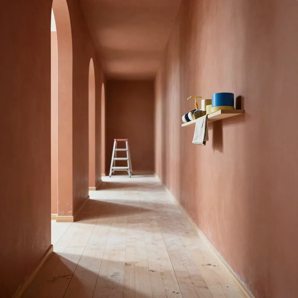 Sunlit renovation corridor with masking tape, ladder shape, brush and roller tray.
