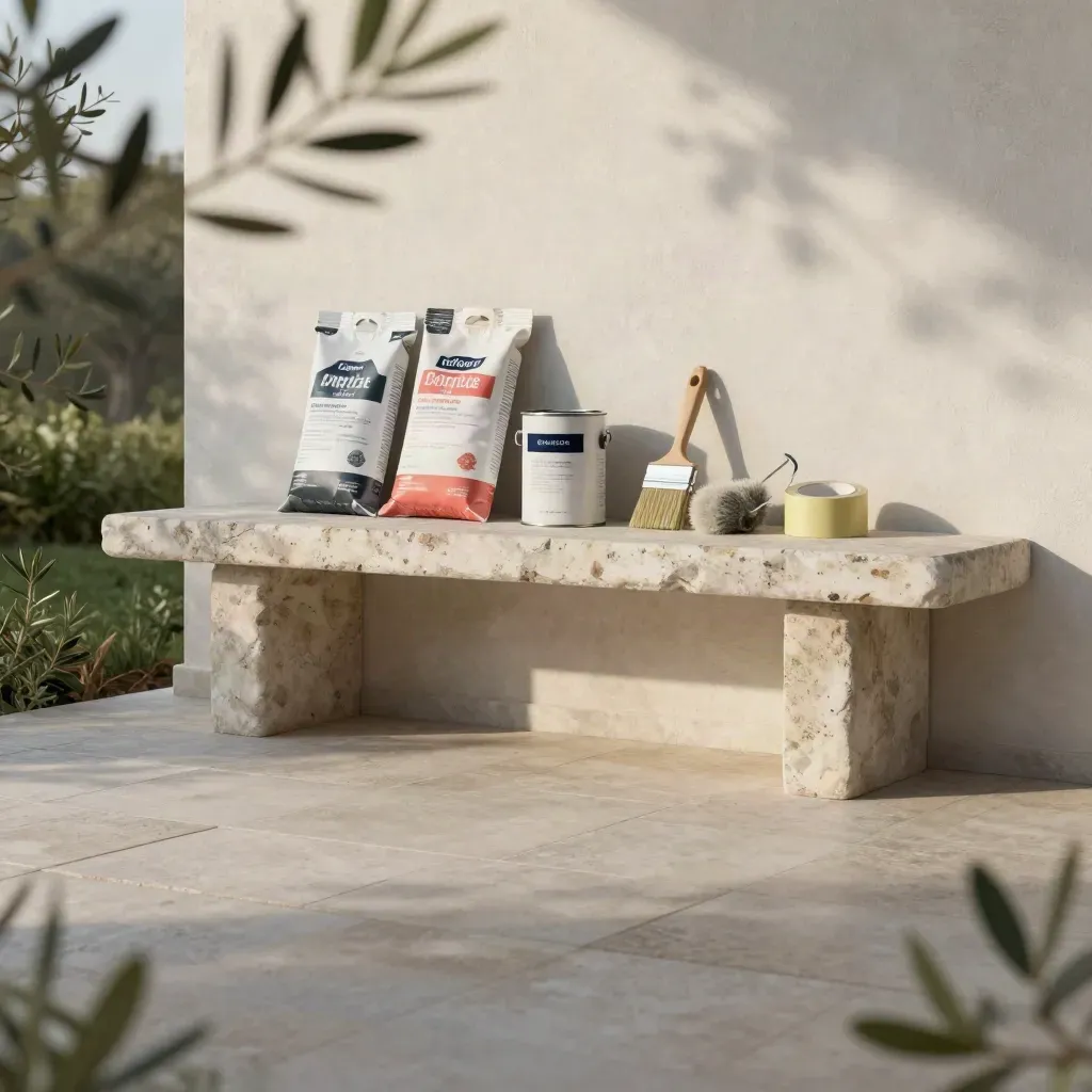 Blue-hour garden terrace with paint packs, brushes and rollers on stone by a stucco wall.
