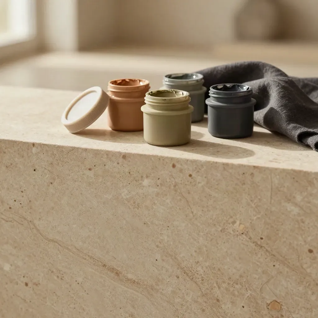 Sample paint pots and a folded cloth on sunlit travertine with calm copy space below.