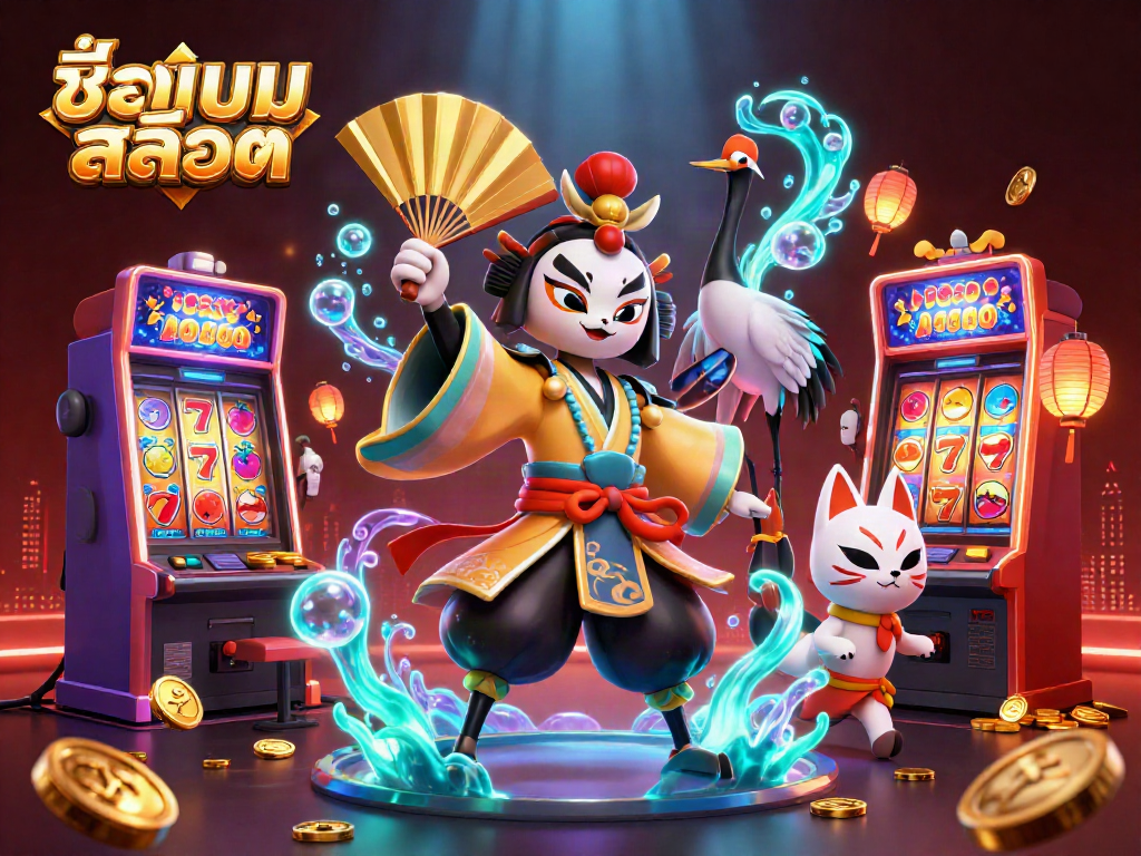 Experience the excitement of ชื่อเกมสล็อต with vibrant slot machines, characters in an energetic scene.