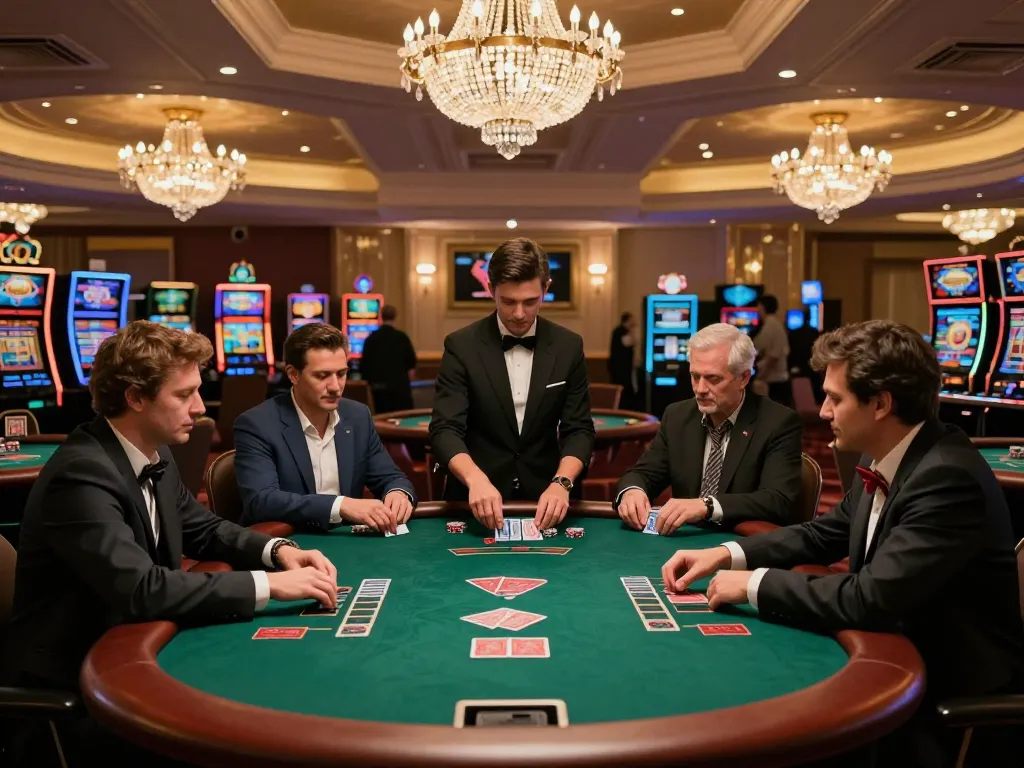 Players engaging in a high-stakes vipwin poker game in a luxurious casino environment, showcasing strategy and excitement.