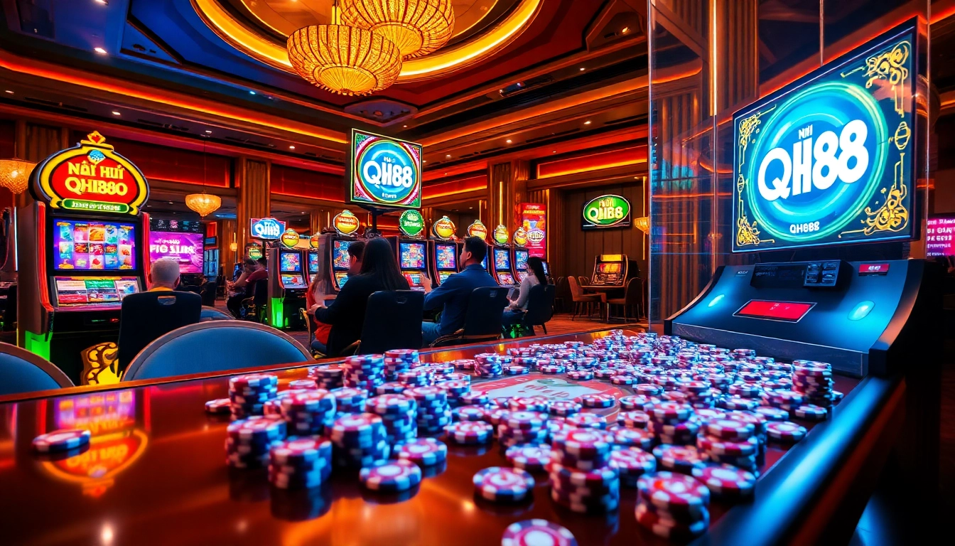 Nổ Hũ QH88 slot machines in an exciting online casino scene with vibrant colors and dynamic gaming experience