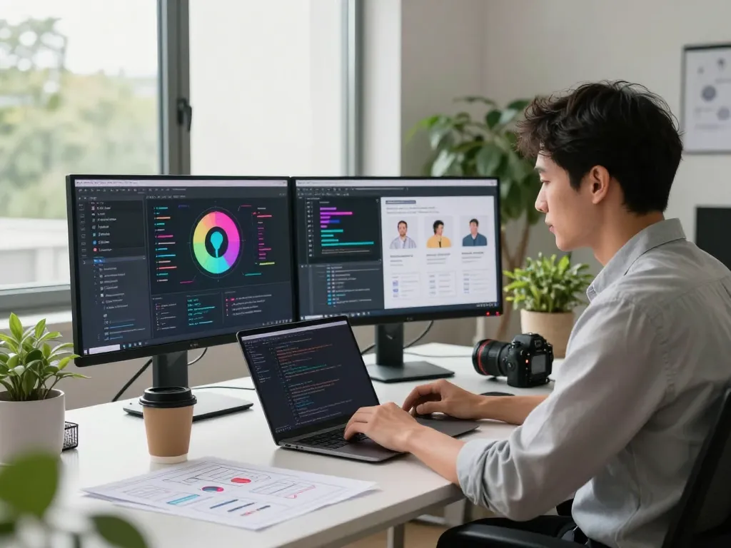 Innovative workspace for sex AI technology development with coding and design elements.